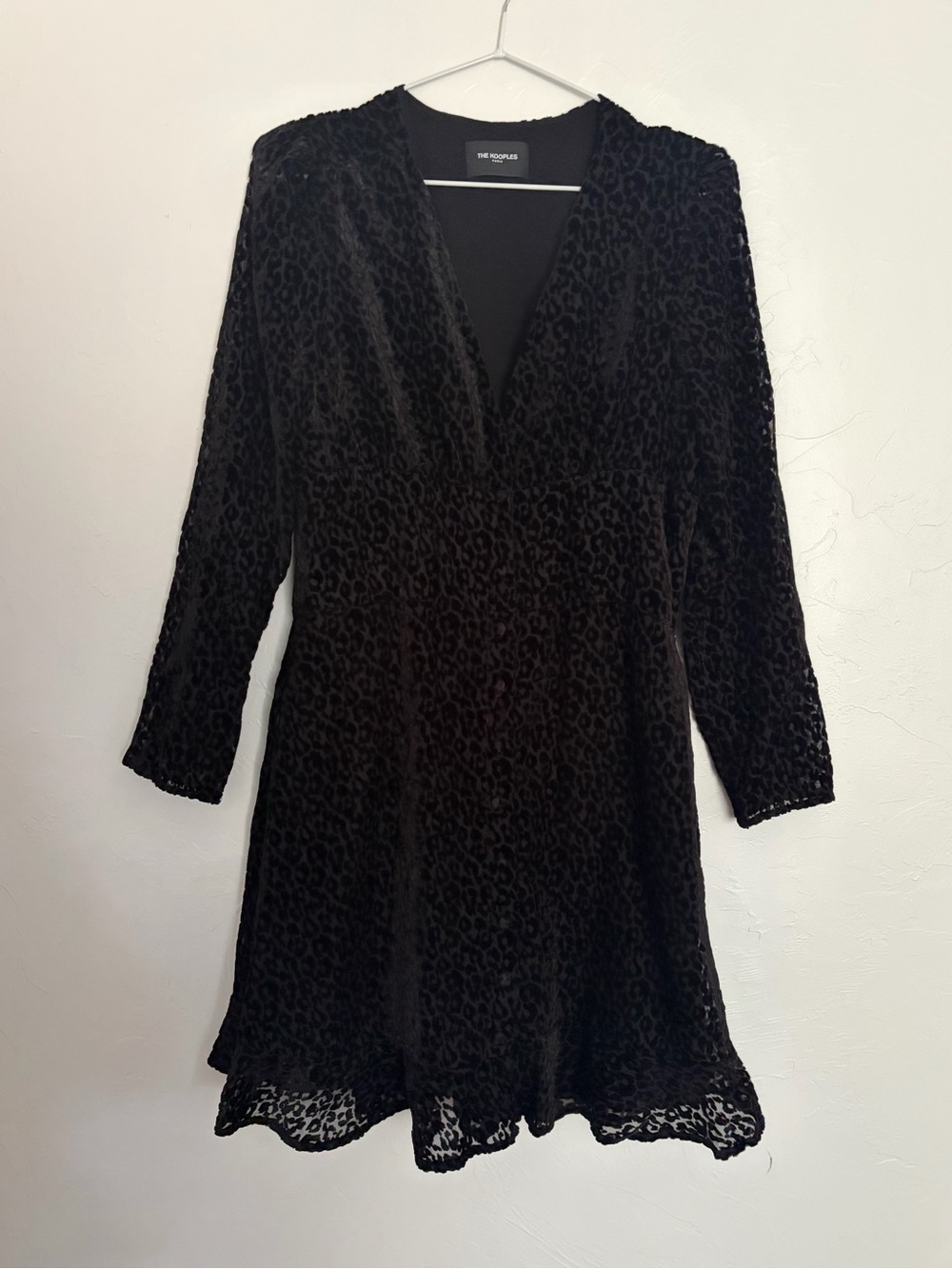 The Kooples Black Velvet Leopard-Texture Long Sleeve V-Neck Dress